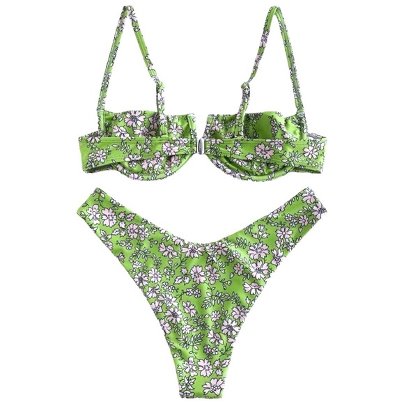 ZAFUL 2pc Green Swimsuit Tiny White Floral V-Wired High Leg Bikini Swimwear Sz S - Picture 3 of 13